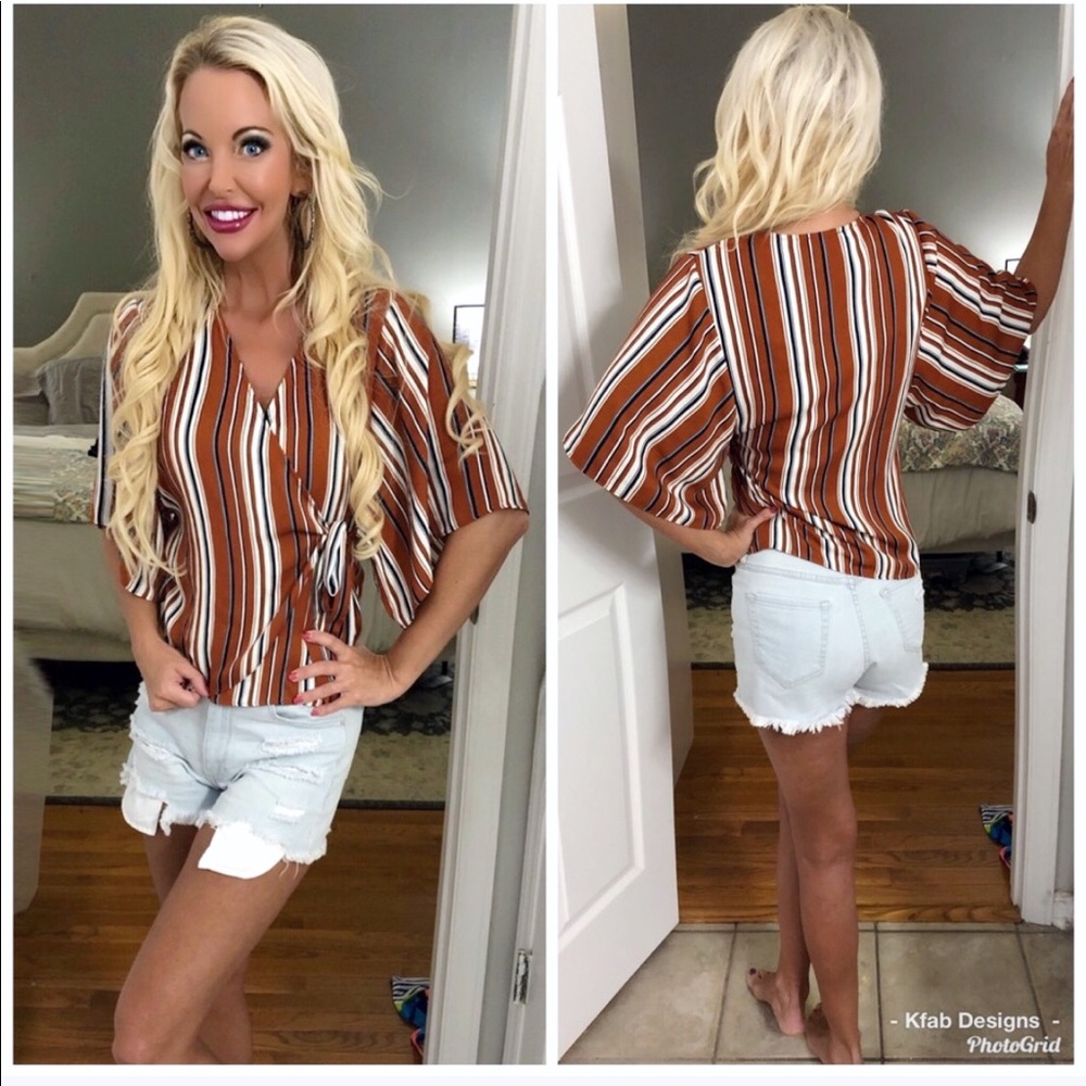 LAST 1! ❤️So Cute Flutter Sleeve Stripe Wrap Top! - Picture 3 of 3